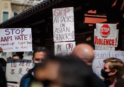 People gather to protest discrimination against Asian, Pacific Islander, and Desi Americans (APIDA).