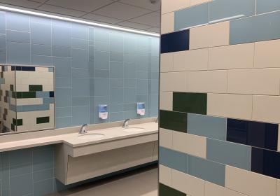 the entrance to the restroom