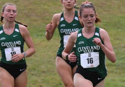 Emily Nemeth (center) joined junior teammate Hannah Korte, Nemeth posting a time of 25:59 and Korte recording a time of 26:02.