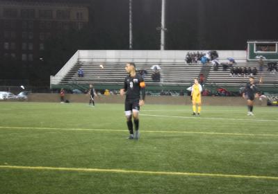 Thomas M'Barek battles through the rain in the Viking's win against Northern Kentucky