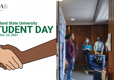 Student Day graphic (left) Students taking pictures with a PRSA backdrop (right)