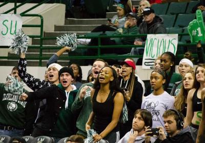 Students celebrate in the Cleveland State’s student section during a men’s basketball game in 2019.