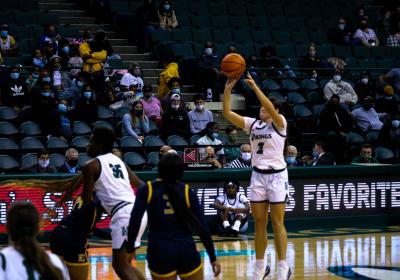 Cleveland State’s Destiny Leo sinks a 3-pointer at the third quarter buzzer during the Vikings season opener against ETSU on Tuesday night.