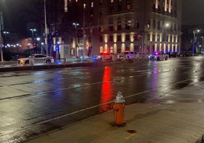 Emergency personnel outside Fenn Tower on Wednesday, Dec. 1 after they evacuated the building following a report of a bomb threat.