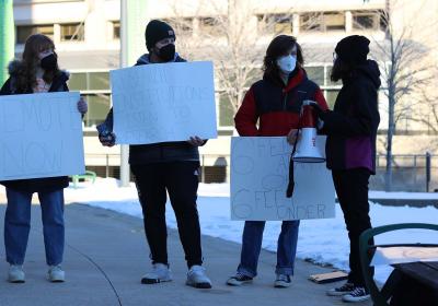 A student-led group known as Students for Safe Learning protested Jan. 25 outside Cleveland State University's student center, calling for stricter COVID mandates.