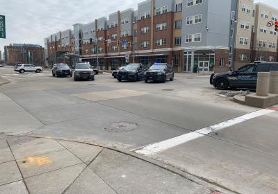 Emergency personnel outside Euclid Commons on Thursday, Feb. 24 after they evacuated the building following a report of a bomb threat.