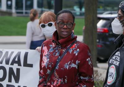 Cleveland educator and politician Nina Turner at Cleveland State University protesting the name of the law college on April 14.
