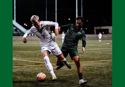 CSU and Wright State soccer players vie for the ball.