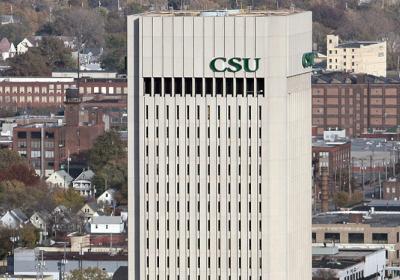 Rhodes Tower overlooks the city of Cleveland and Cleveland State University in 2013.