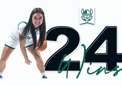 Basketball player Destiny Leo in front of graphics commemorating the Cleveland State University Vikings' 24th win, a single-season record.