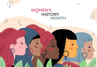 A drawing of four women with "Women's History Month" written above them.