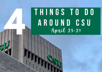Cleveland State's Rhodes Tower with the test "4 things to do around CSU April 23-29"
