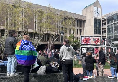 Pro-choice protesters face pro-life organization on Cleveland State's campus.