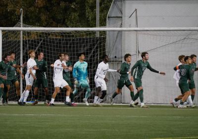 Cleveland State defends an incoming corner kick by Akron.