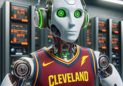 AI generated image of a robot in Cleveland Cavaliers gear.