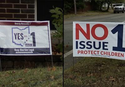 Yard signs advocating for each side of Issue 1 in Ohio’s general election on Tuesday, Nov. 7, 2023.