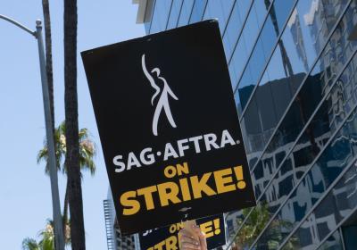 A SAG-AFTRA picket sign.