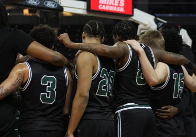 Members of the CSU men’s basketball team huddle during their showdown with Northern Kentucky. 