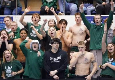 CSU men's and women's team members cheer 