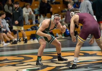 CSU Wrestling redshirt freshman Ethan Mitchell, left, pinned George Mason’s Dominic Hargrove in 1:32 at the 141-pound weight class on Jan. 18, 2025 in the Woodling Gymnasium. 