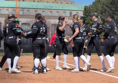 CSU Softball team celebrates a win last season in Charleston, S.C. on Feb. 9, 2024.