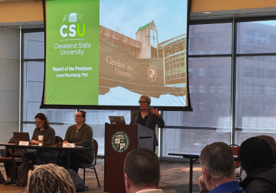 CSU President Laura Bloomberg, Ph.D., addresses members at the faculty senate meeting March 26, 2025.