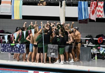 The Vikings huddle during the Akron Zips Classic at the Oliver J. Ocasek Natatorium at the University of Akron, Ohio, Oct. 11, 2025.
