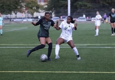 Forward Danielle Scott, right, on the defense in Cleveland State’s scoreless draw against Wright State at Krenzler Field on Sunday, Oct. 12, 2025.