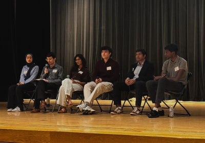 SGA candidates debate on Wednesday Sept. 24, 2025. Seated from left to right is, Sandra Alshakhaetreh, Brett Phenicie, Laurel Paul, Antonio Ghantous, Surabh Saxena, and Abhinav Siri. 