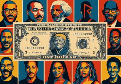 A stylized US $1 bill with Harriet Tubman in the center and prominent Black people surrounding the dollar.