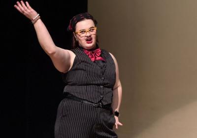 Butch Thespian performing as the Emcee, lip-syncing “Wilkommen” from the Broadway musical Cabaret. (Credit: Grace Salter)