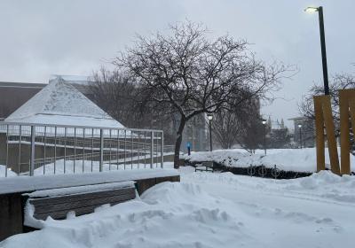 Snow piled up outside of the Music and Communications building on Tuesday, Jan. 27, 2026.