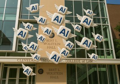 AI-generated flock of AI blocks flying towards the CSU law building.