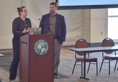 CSU Faculty Senate President Carol Olszewski, Ph.D., and Associate Vice President for Hospitality and Facility Services Nick Vande Velde outlined recent organizational changes, staffing expansions and ongoing infrastructure challenges, Feb. 18, 2026, at the Cleveland State Faculty Senate meeting.