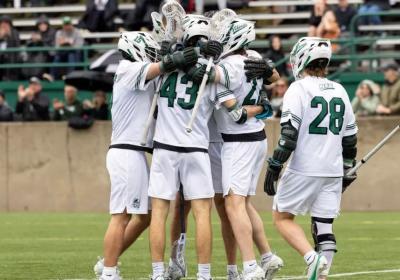 Cleveland State players celebrate during the Vikings’ 14-6 win over Mercyhurst in their Northeast Conference opener Saturday, March 14, 2026 at Krenzler Field in Cleveland.