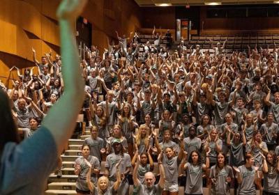 Cleveland State student-athletes do the Viking Clap at a SAAC meeting during the 2025-2026 school year.
