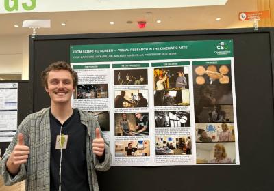 Jack Gollon, Film & Media Arts major at Cleveland State University, presents his internship project at the Undergraduate Research Poster Session, Sept. 17, 2026.