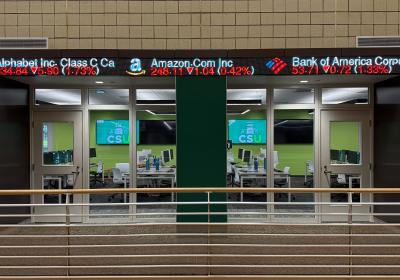The entrance to the Viking Trading Lab in the Monte Ahuja College of Business at Cleveland State University on Oct. 1, 2026. (credit: Mitchell Wood)
