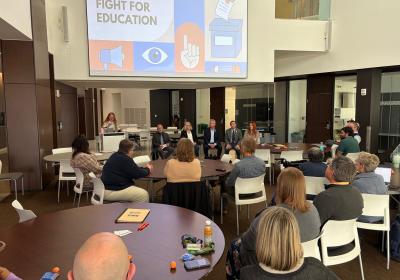 Alissa Burkholder introduces the panelists of The Ballot: A fight for education.
