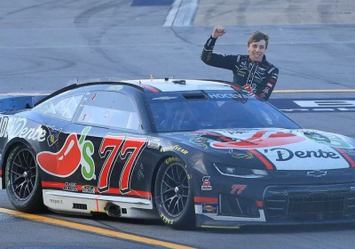 Carson Hocevar celebrates after his first career win, at Talladega Superspeedway on April 26, 2026.