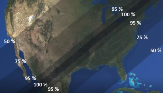 A map showing the April 8 eclipse path of totality.