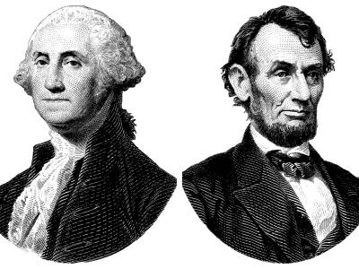 Portraits of George Washington, left, and Abraham Lincoln, right