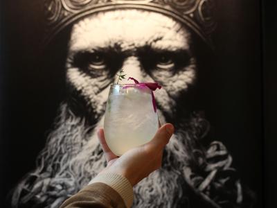 Freya's Garden drink in front of a Viking painting.